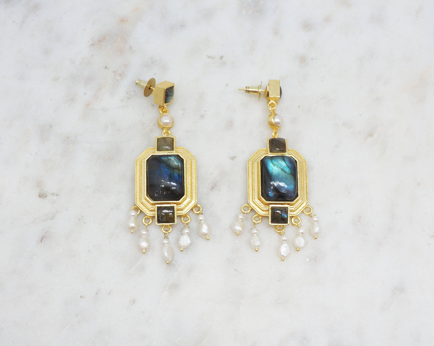 Gold Plated Labradorite Statement Earrings