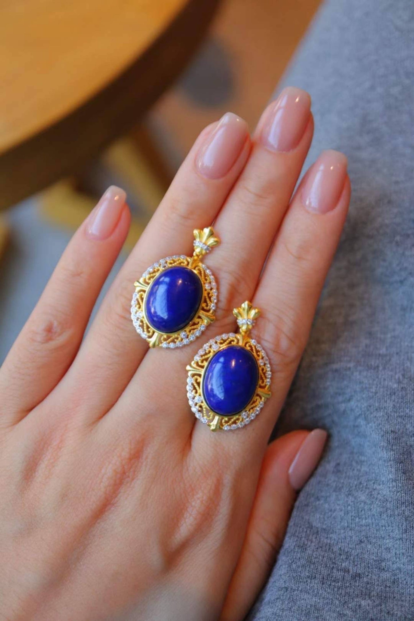Sterling Silver Gold Vermeil Royal Lapis Lazuli Renaissance Style Earrings