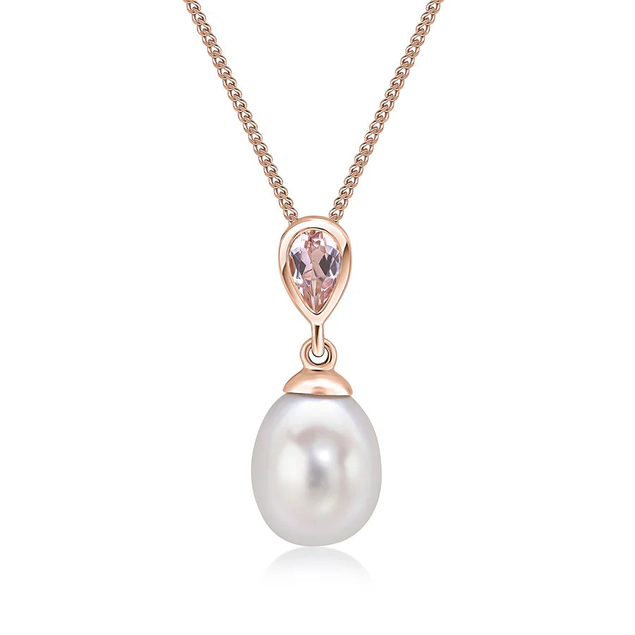 9CT Rose Gold Pearl & Pear Shaped Morganite Drop Pendant