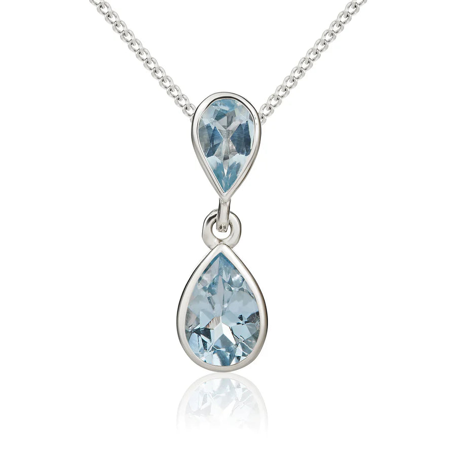 9CT White Gold Pear Shaped Aquamarine Rubover Double Drop Pendant