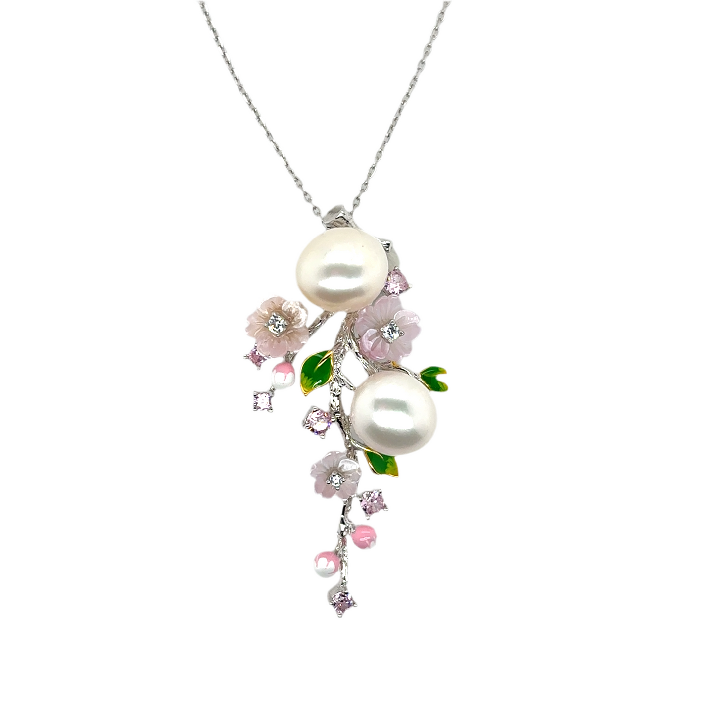 925 Silver Pearl and pink flower bouquet set (Ring, Necklace, Clip earrings)
