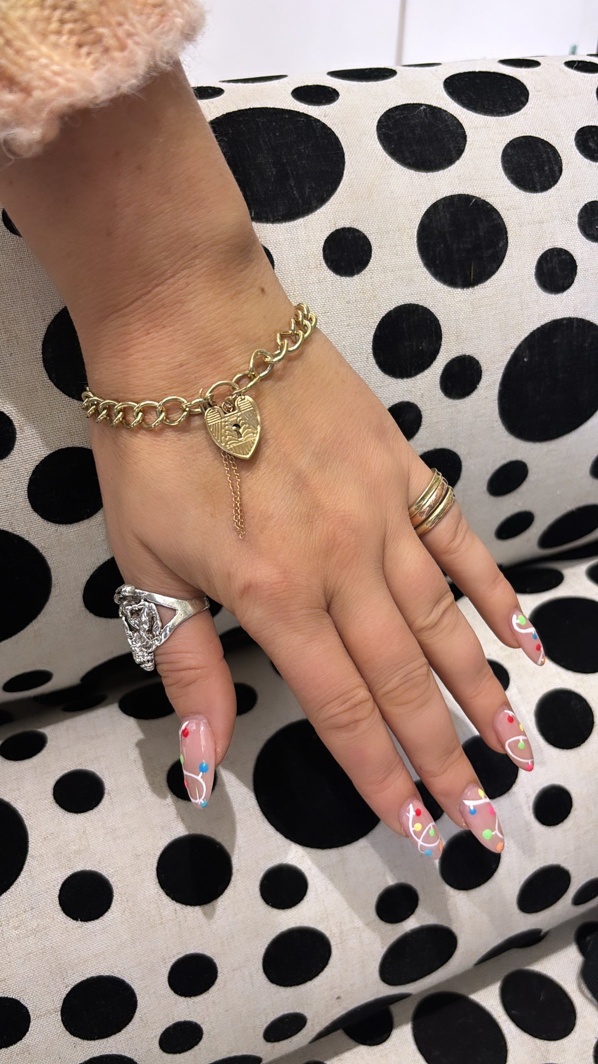 Vintage 9ct Yellow Gold Heavy Chain Charm Bracelet 7.5" With Heart Padlock