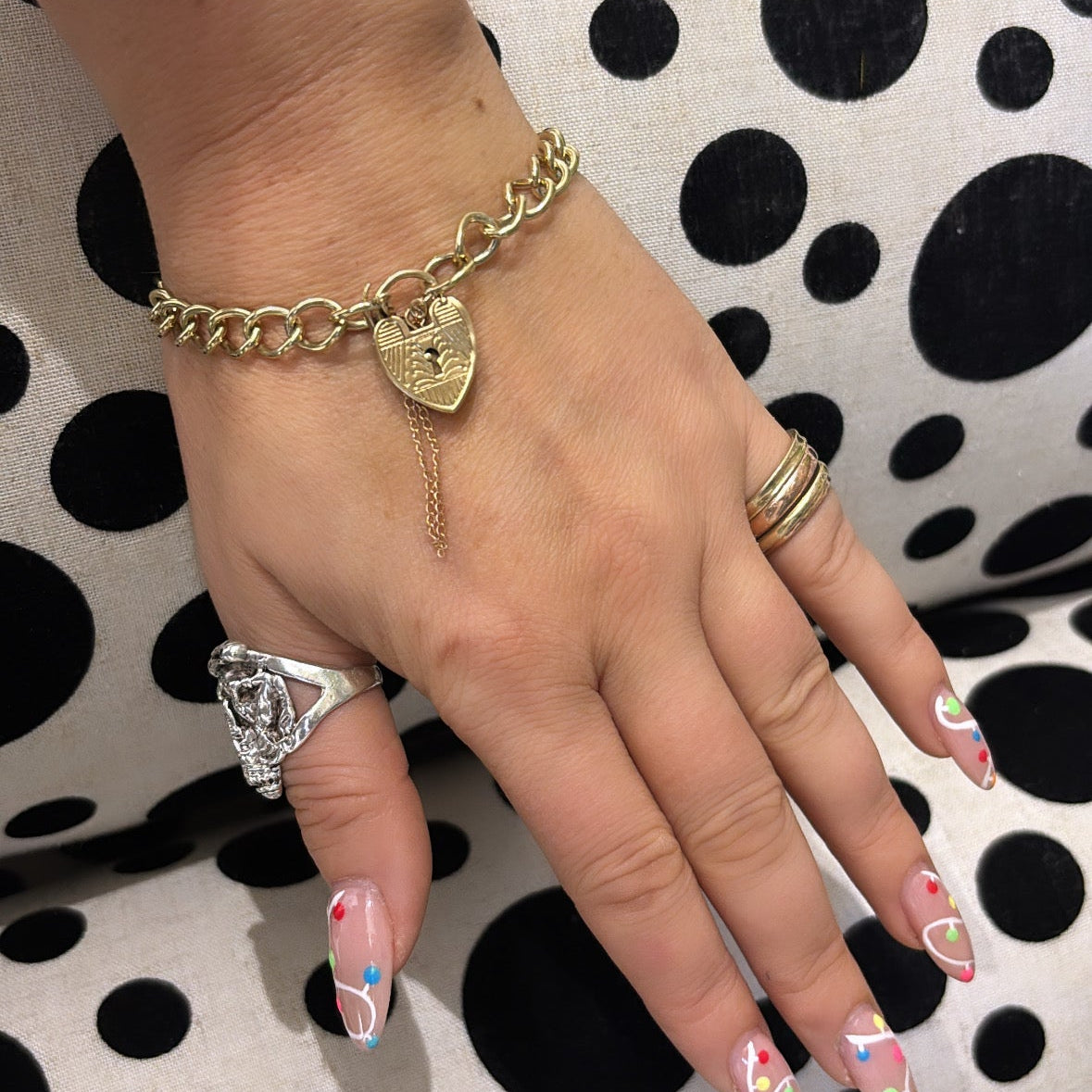 Vintage 9ct Yellow Gold Heavy Chain Charm Bracelet 7.5" With Heart Padlock