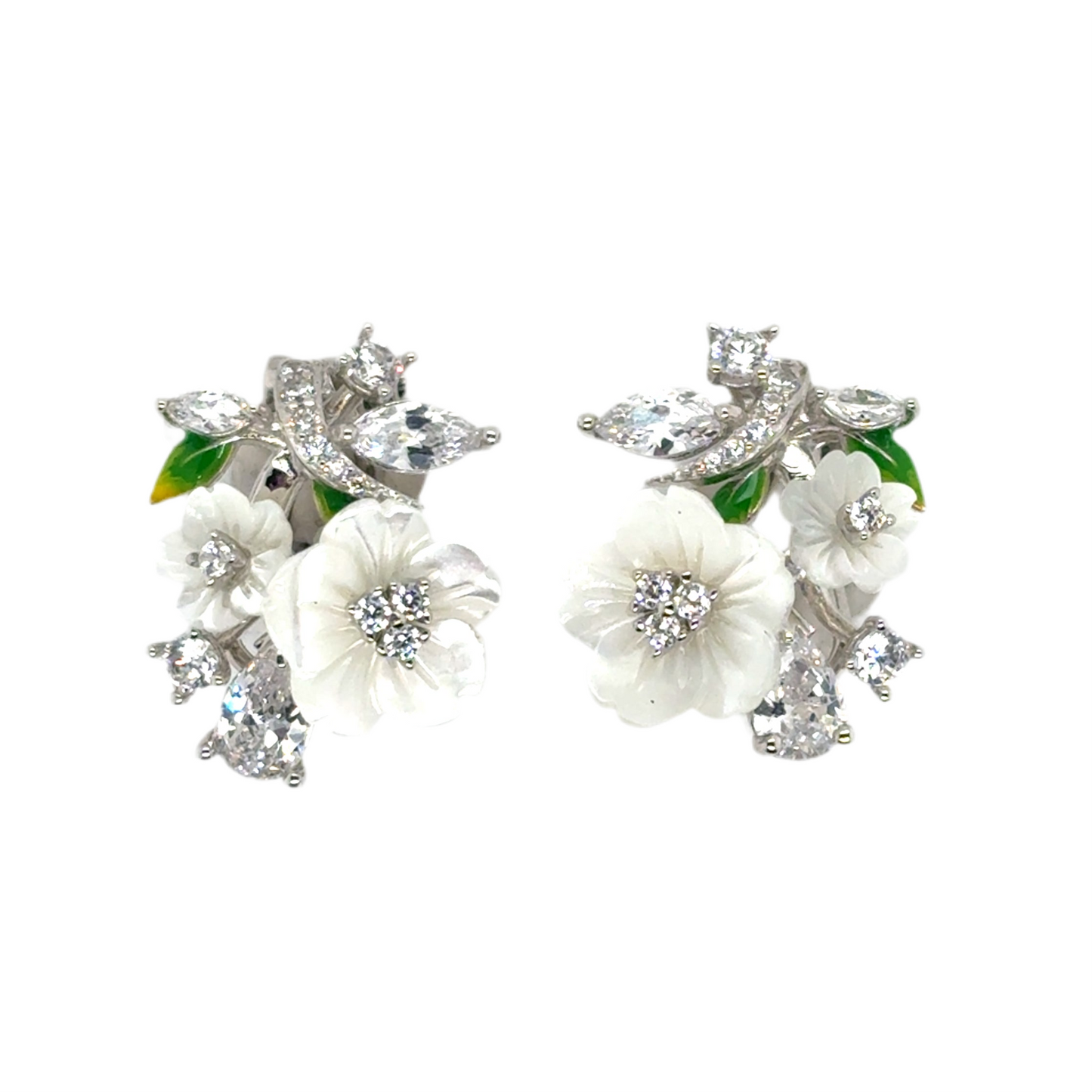 925 silver cubic zirconia white flowers and leaf set ( clip earrings, ring and necklace)
