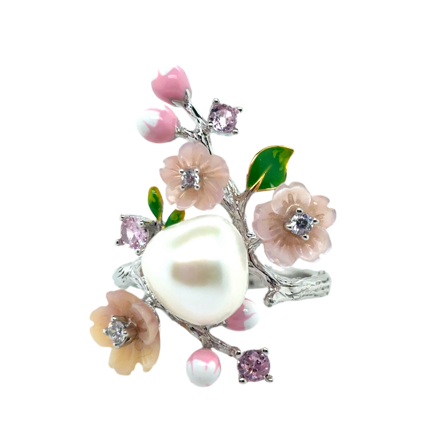 925 Silver Pearl and pink flower bouquet set (Ring, Necklace, Clip earrings)