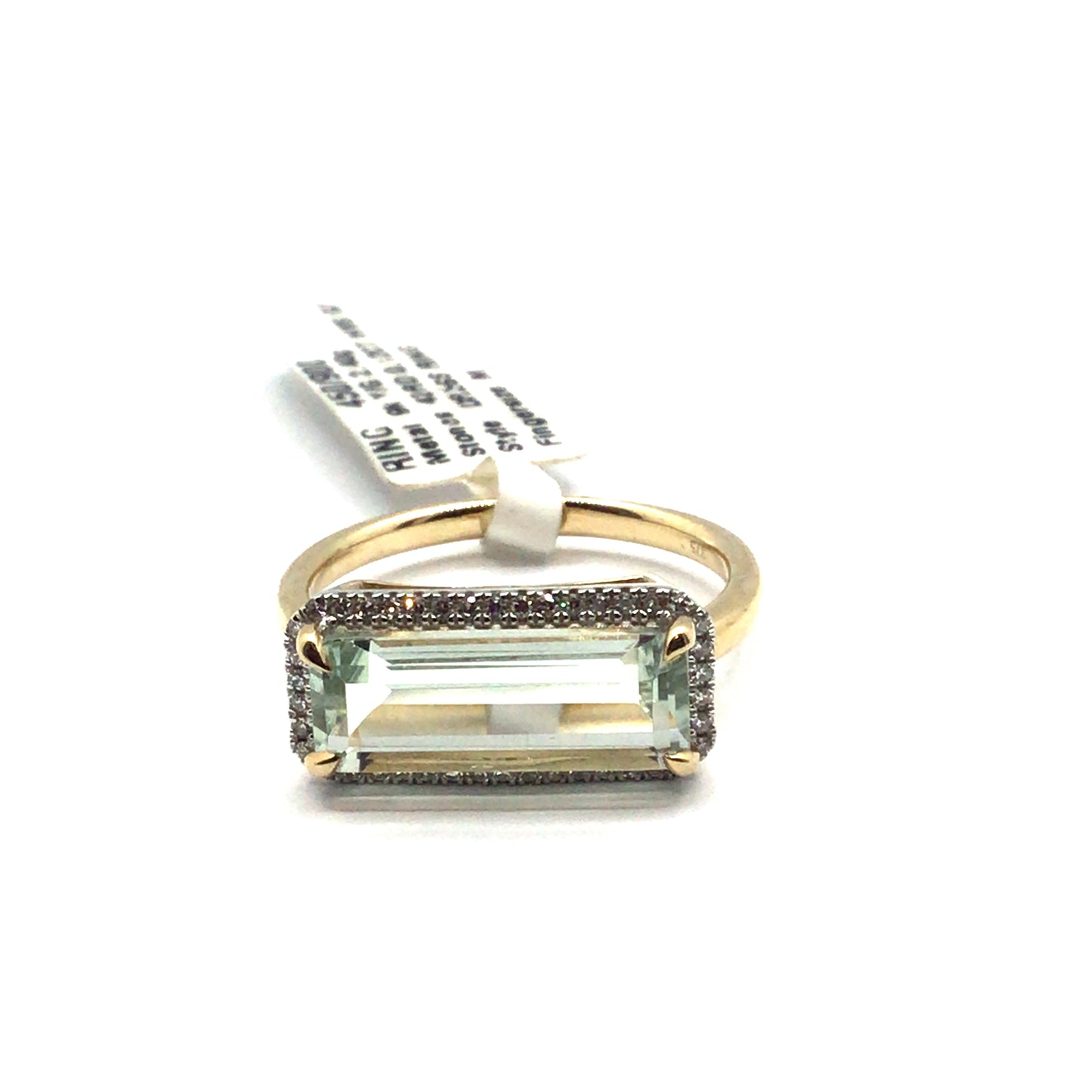 9ct Yellow Gold Rectangular Green Amethyst and Diamond Ring