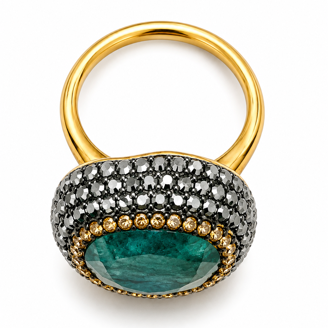 18ct yellow gold plated green agate ring with black cz