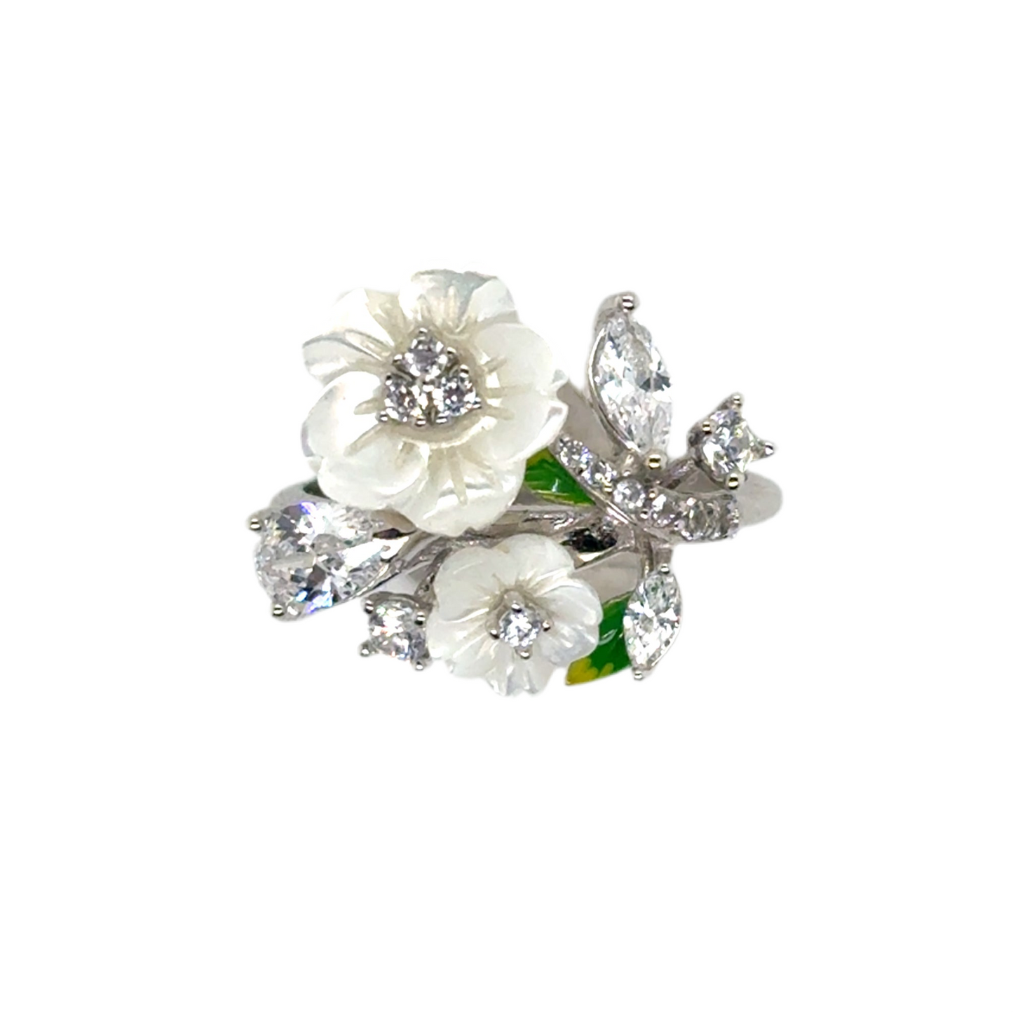 925 silver cubic zirconia white flowers and leaf set ( clip earrings, ring and necklace)