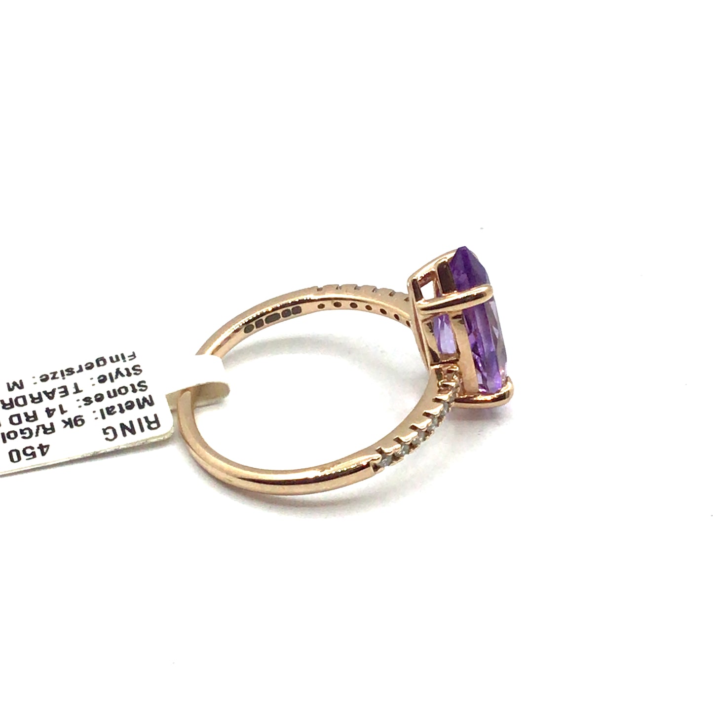 9ct Rose Gold Pear Cut Amethyst and Diamonds Ring