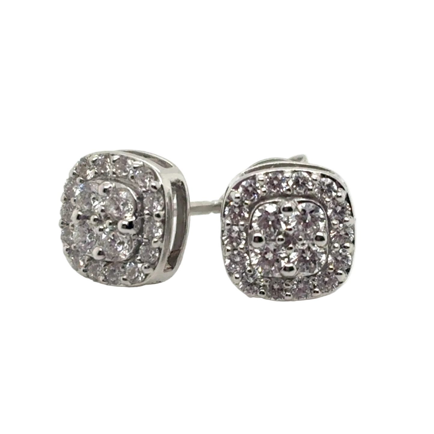 18ct White Gold Diamond Cluster Halo Earrings Cushion Shaped