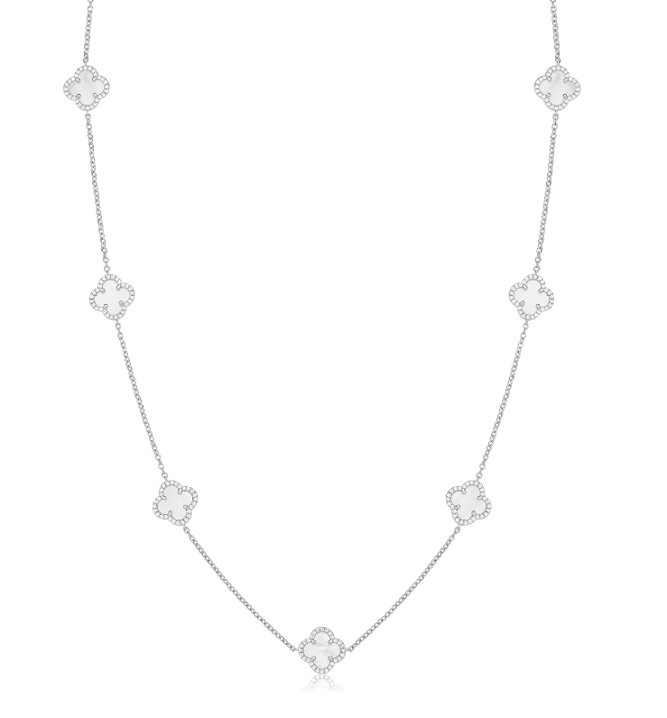 925 Silver Rhodium Plated Mother of Pearl & Cubic Zirconia Clover Necklace