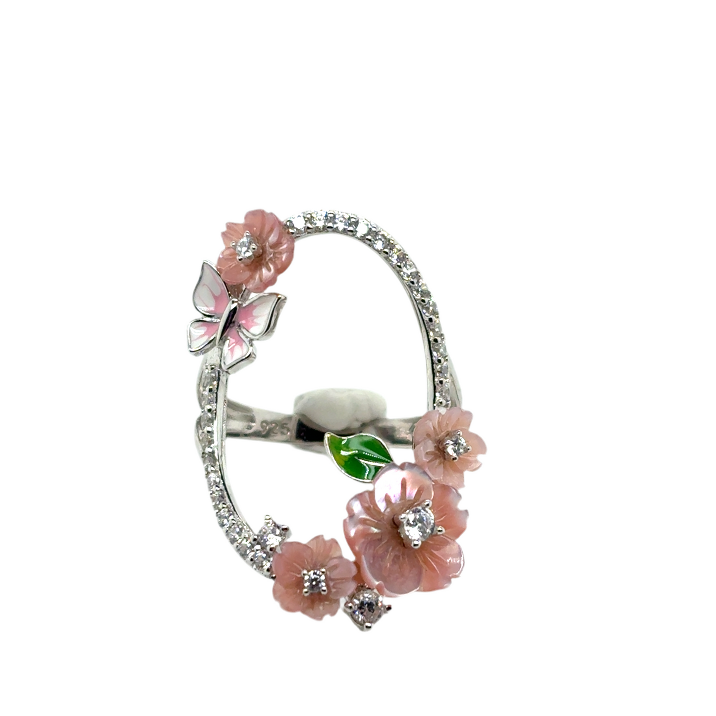 925 Silver pink flower and butterfly set (Necklace,Ring, Earrings)