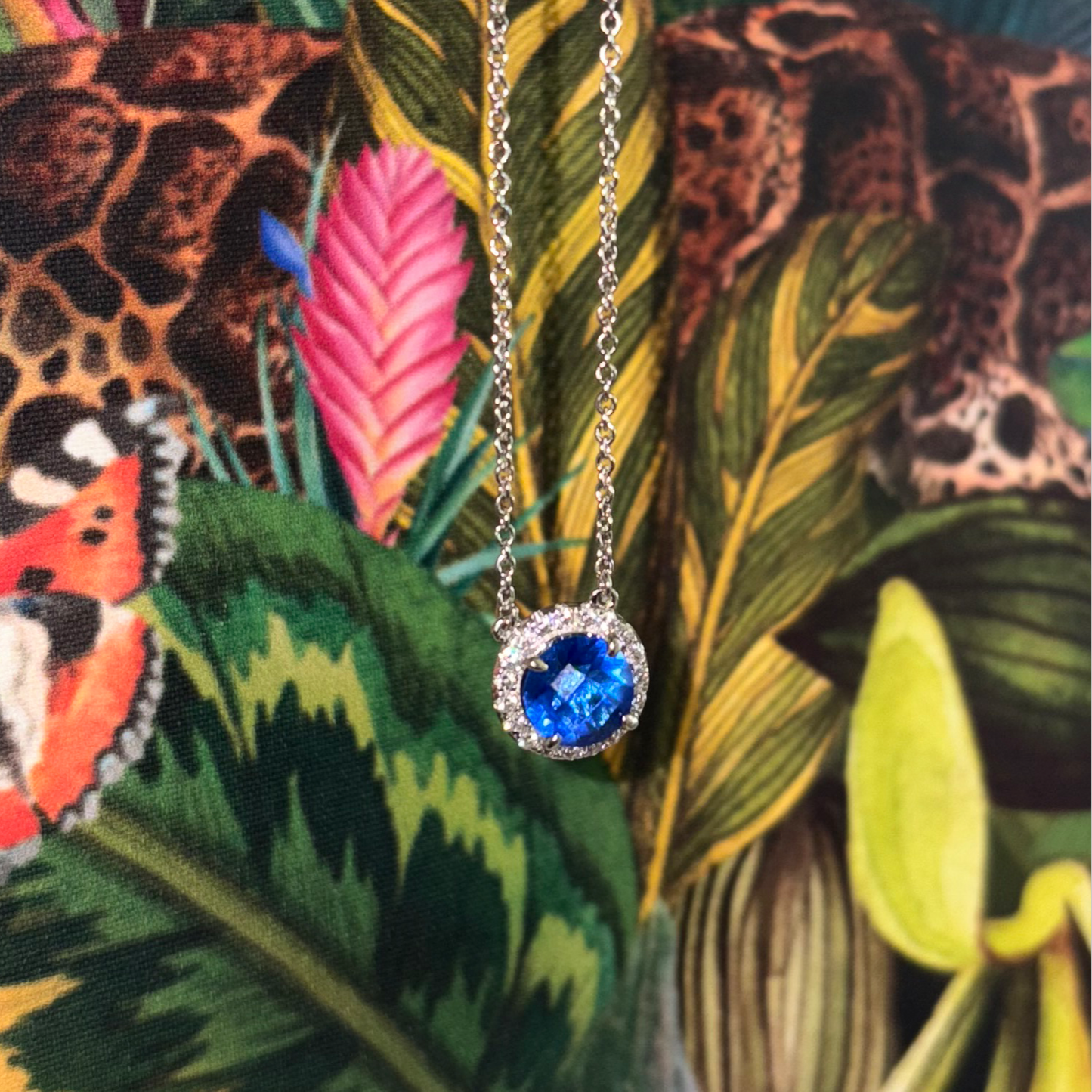 Round Brilliant Cut Blue Obsidian with Cubic Zirconia Halo Pendant Necklace
