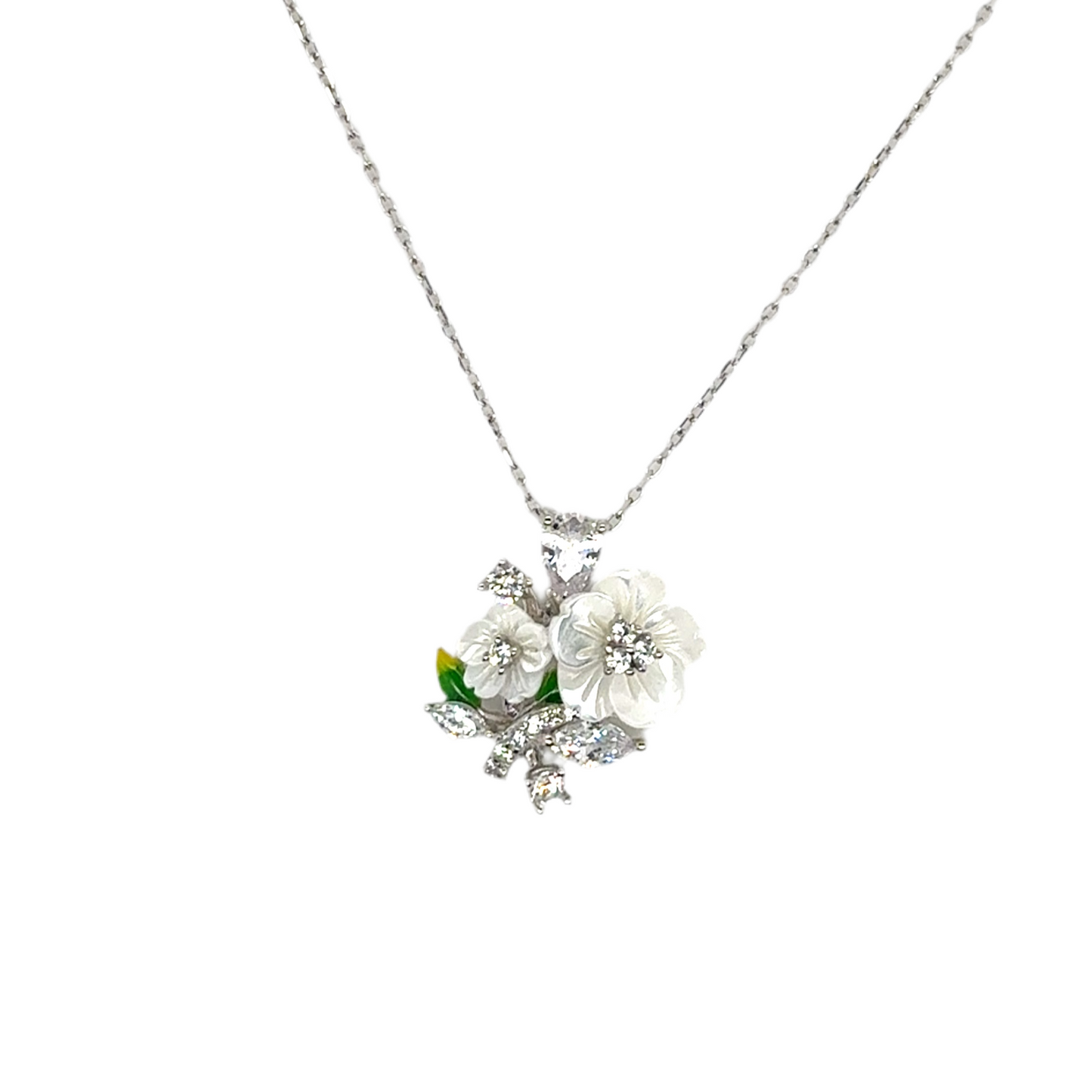 925 silver cubic zirconia white flowers and leaf set ( clip earrings, ring and necklace)