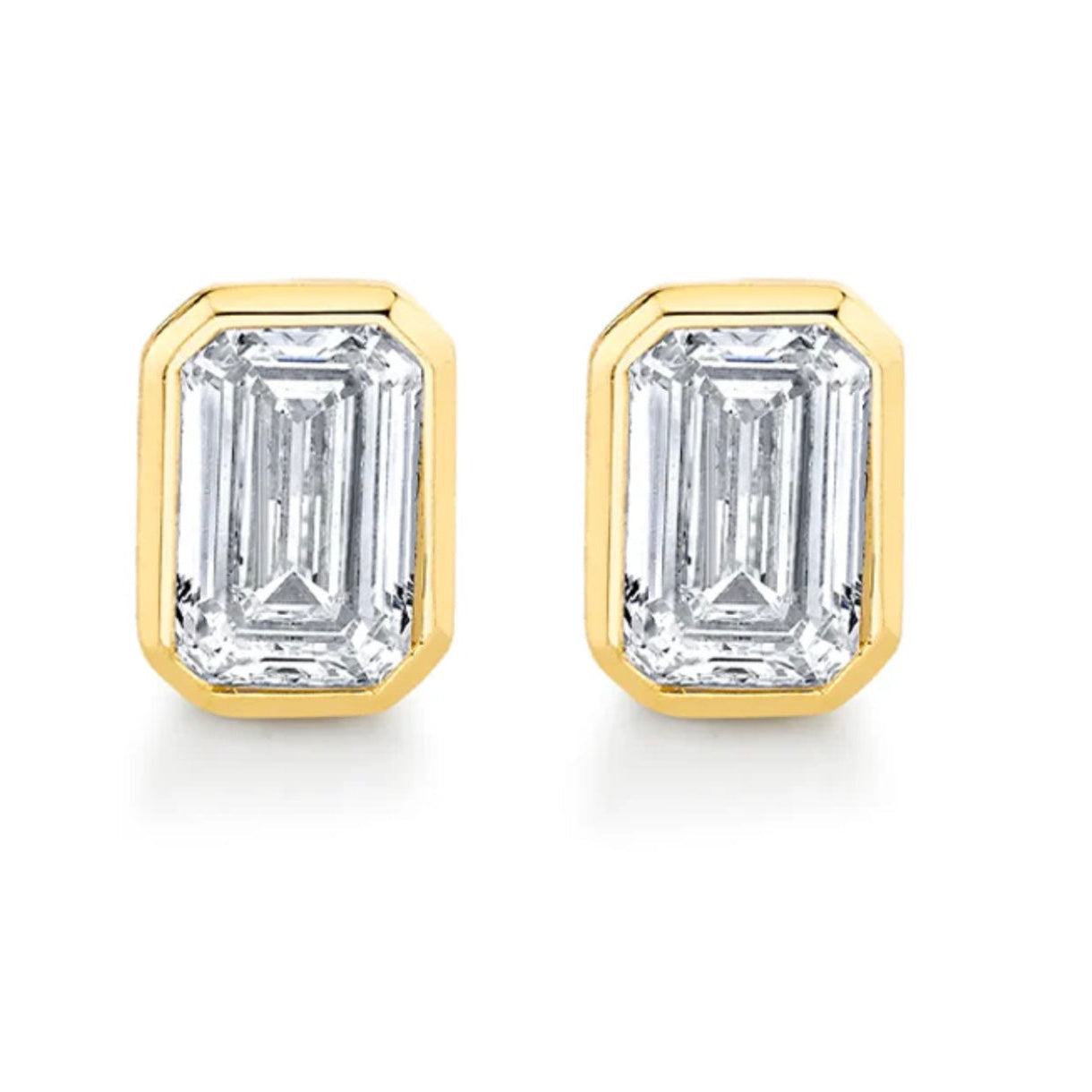 Emerald Cut, Lab Grown Diamond 2.13cts 18ct Yellow Gold Bezel Set Stud Earrings