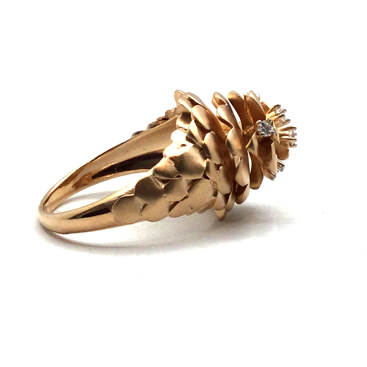 14ct Rose Gold Matte Diamond Pine Cone Ring