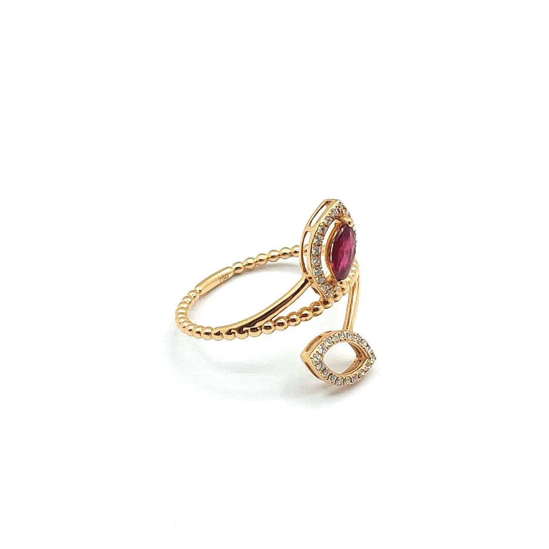 18ct Yellow Gold Marquise Cut Ruby and Diamond Ornate Ring