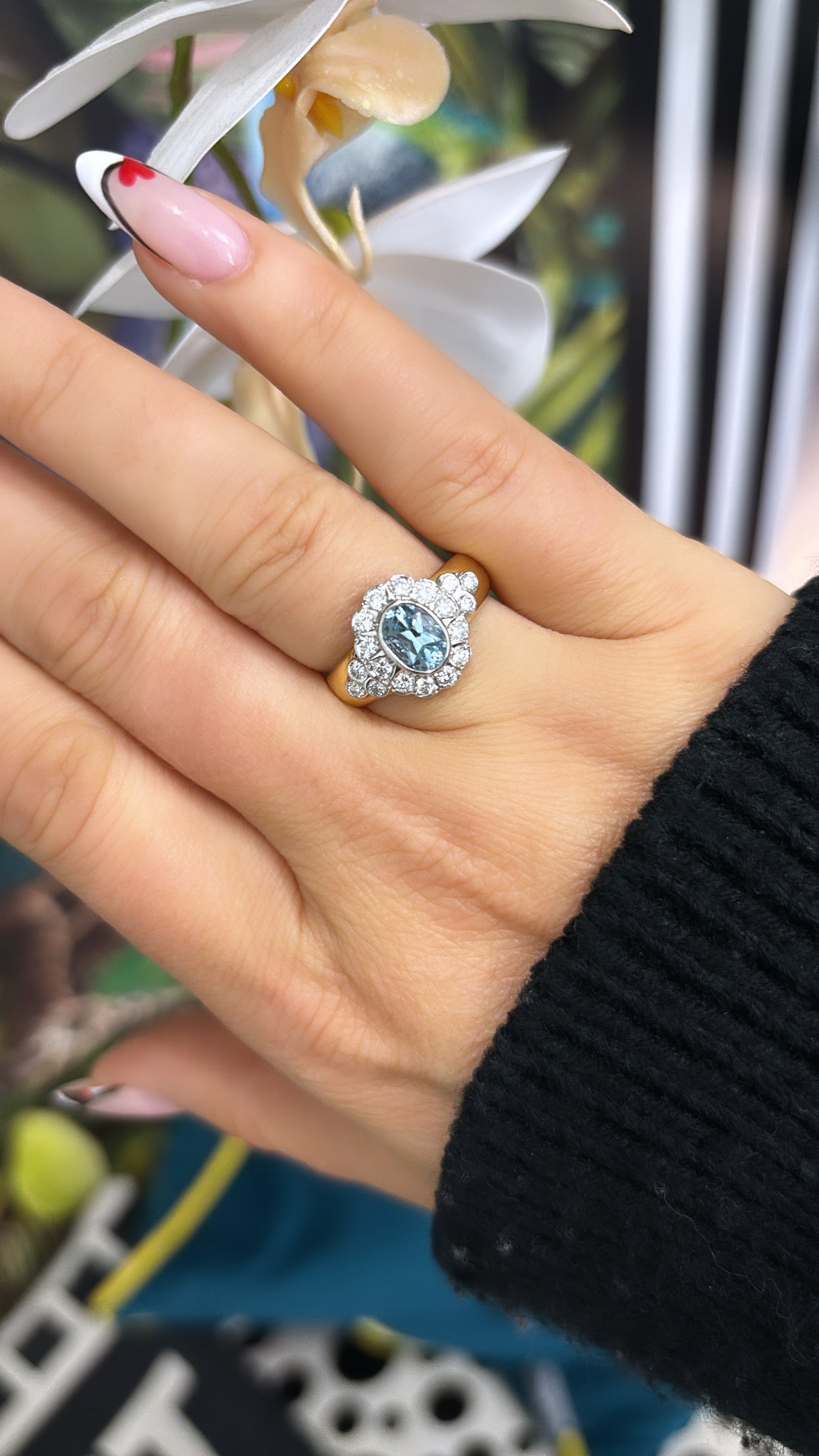 Oval Aquamarine and Diamond Halo Ring With Wide 18ct Gold Band