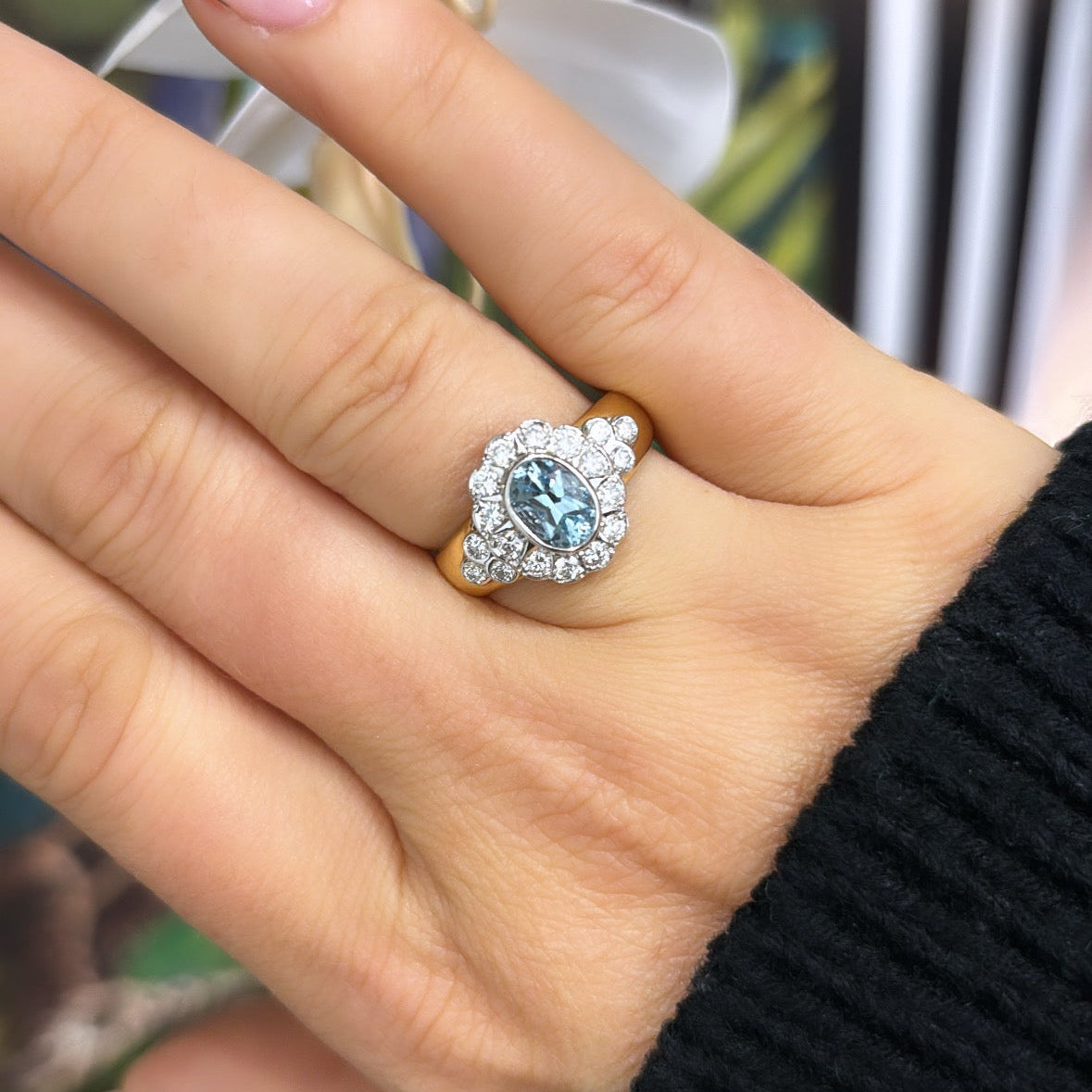 Oval Aquamarine and Diamond Halo Ring With Wide 18ct Gold Band