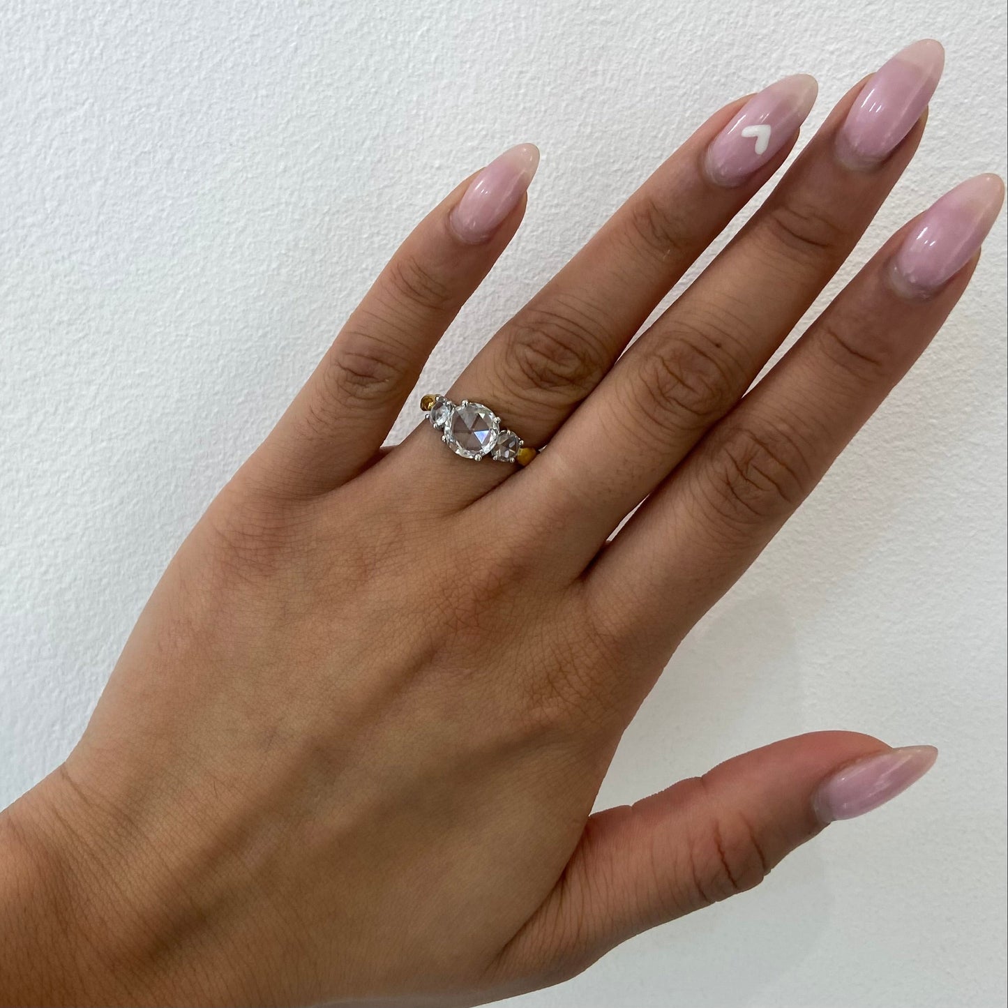 L'or Three Stone Rose Cut Diamond Ring in Platinum and 24ct Yellow Gold