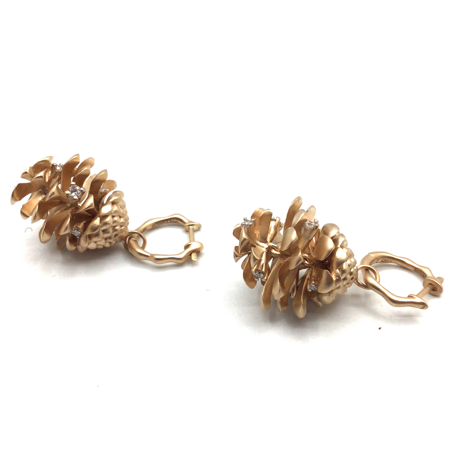 14ct Rose Gold Matte Diamond Pine Cone Drop Earrings