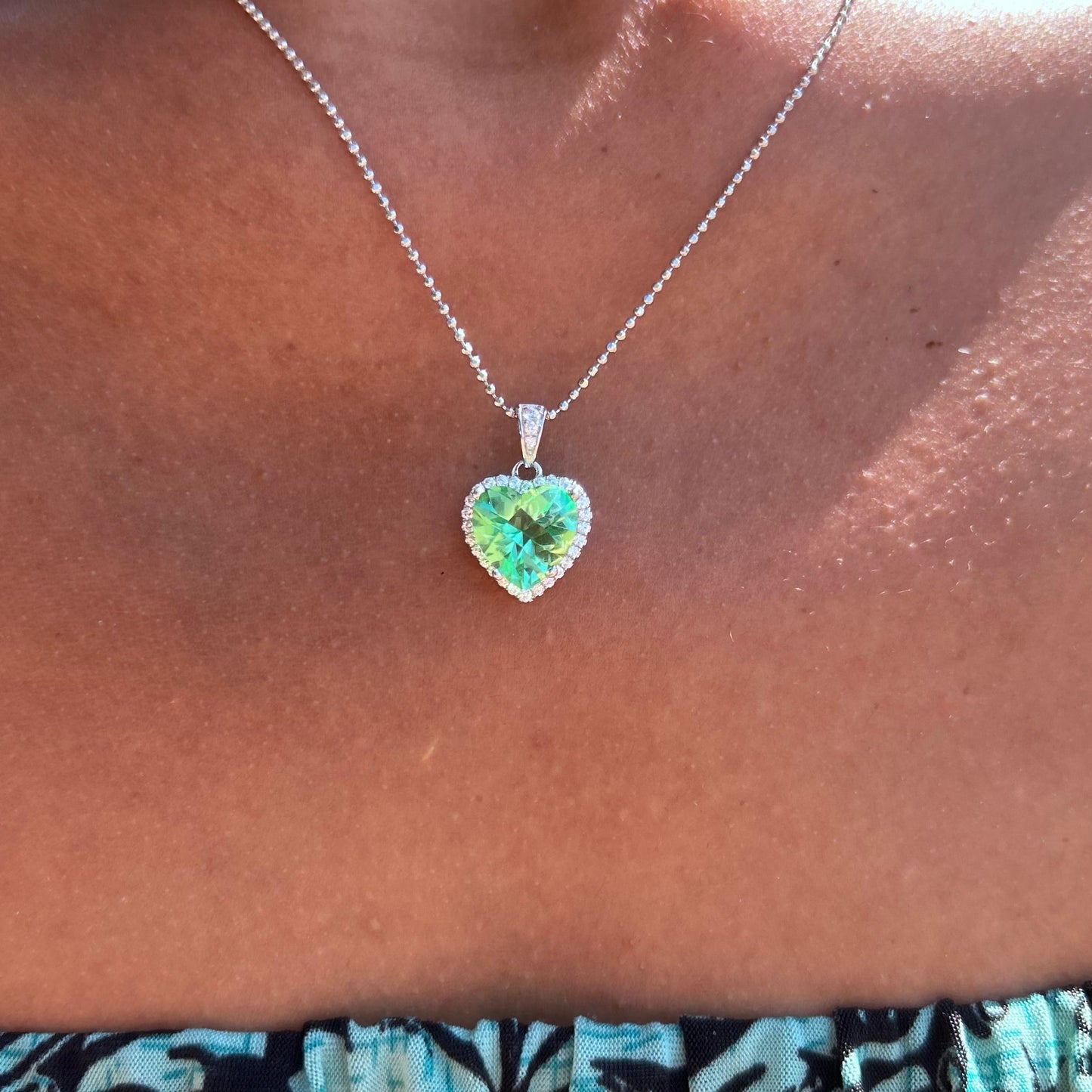 Green Obsidian and Cubic Zirconia Heart Shaped Necklace