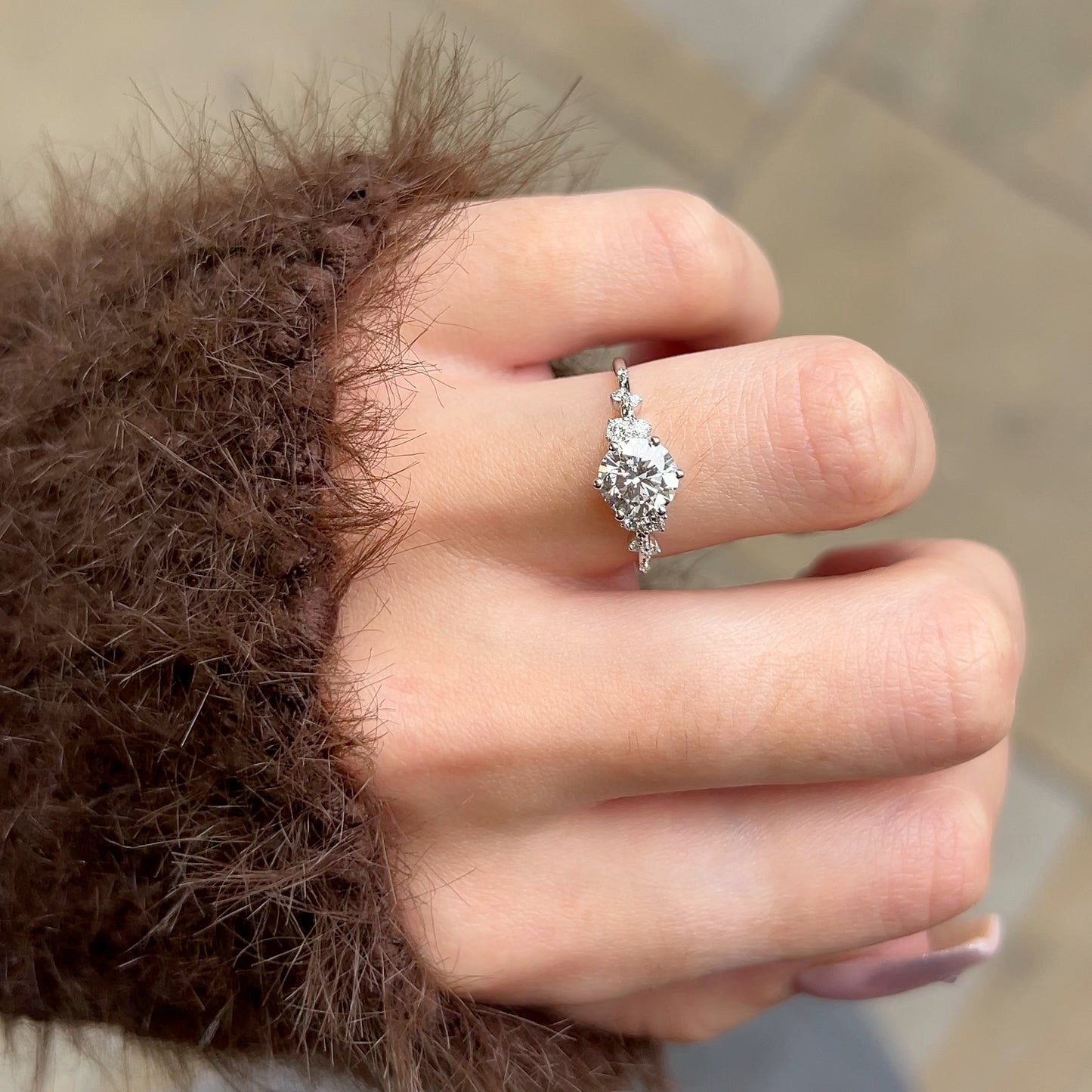 'Flowing Nature' Round Brilliant Cut Diamond White Gold Engagement Ring