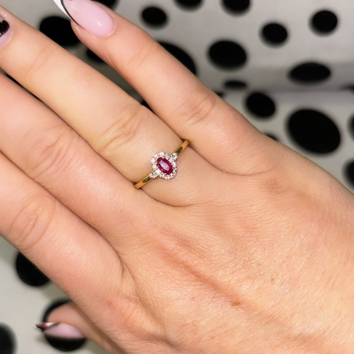 Oval Ruby and Diamond Halo, 18ct Gold Ring