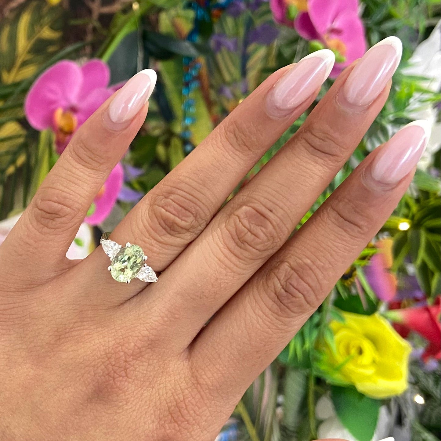 Oval Amblygonite and Pear Cut Diamond Trilogy Ring in 18ct Yellow Gold