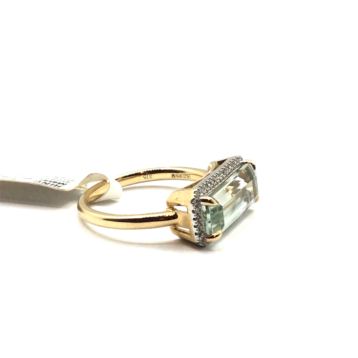 9ct Yellow Gold Rectangular Green Amethyst and Diamond Ring