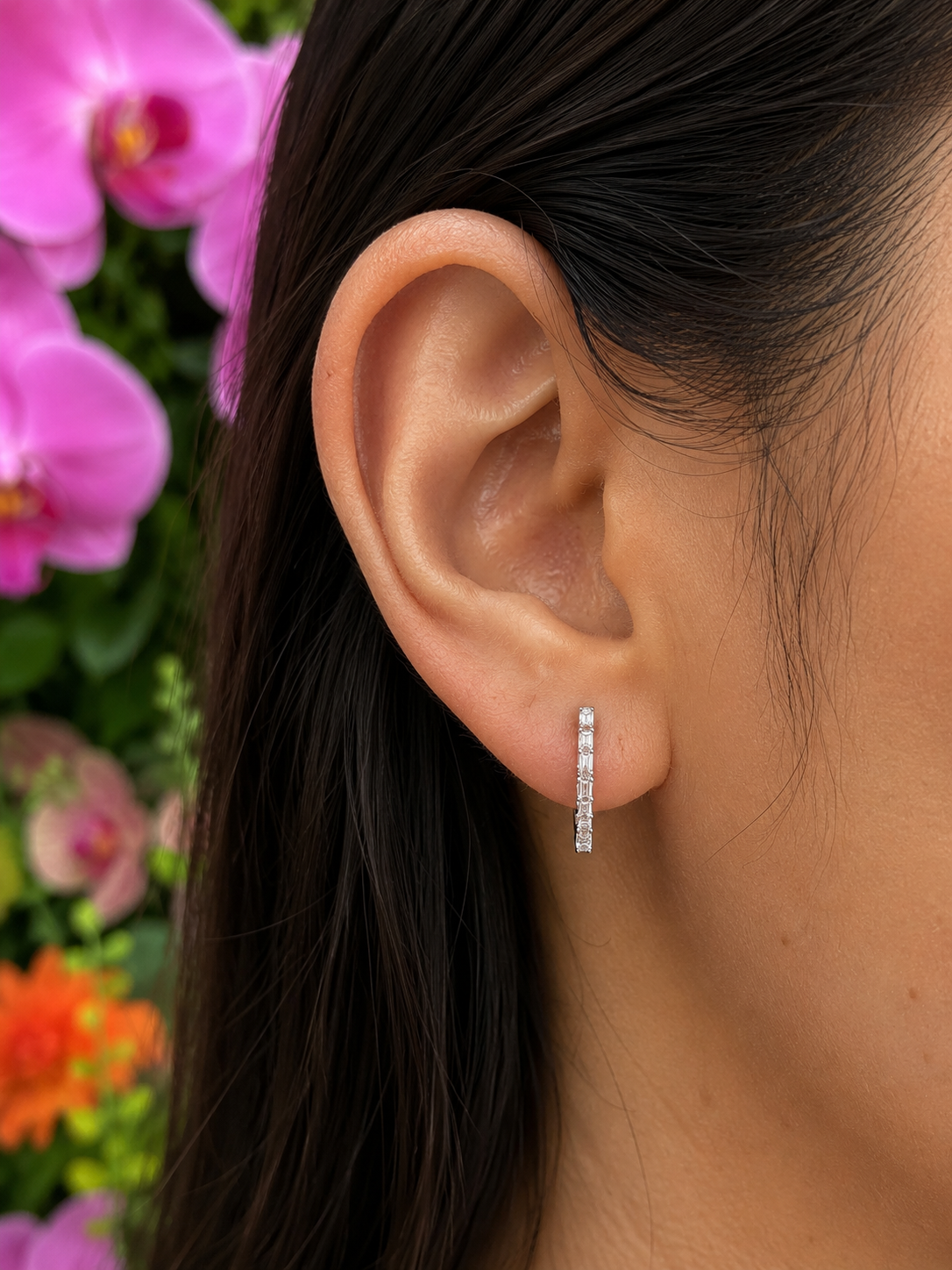 9ct Yellow Gold With White Gold Claws Inside & Out Baguette Cut Diamond Hinged Hoop Earrings