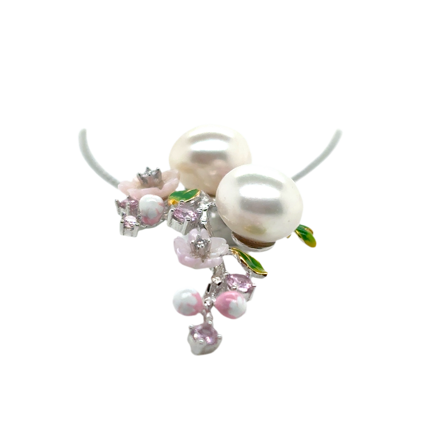 925 Silver Pearl and pink flower bouquet set (Ring, Necklace, Clip earrings)