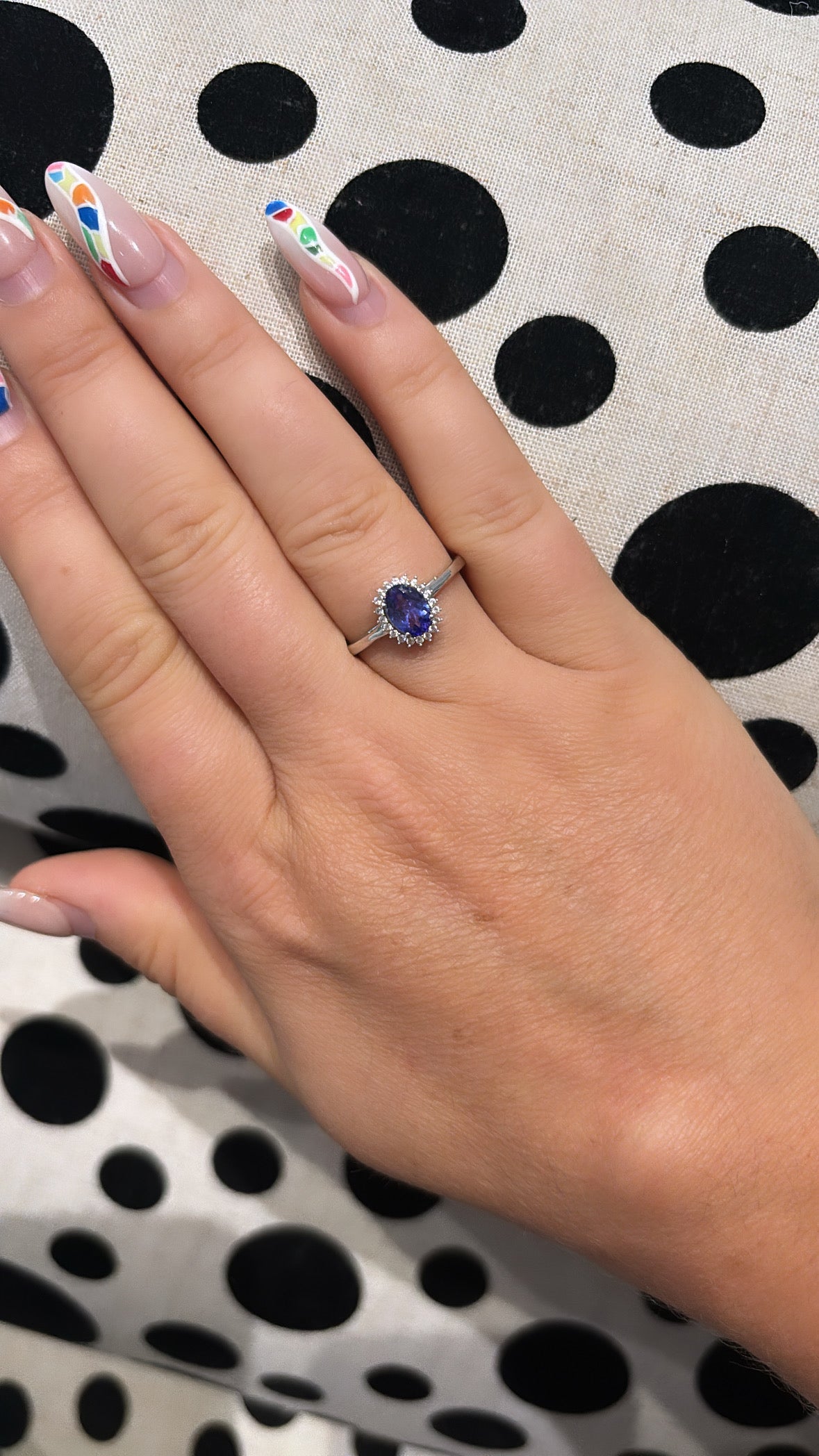 9ct White Gold Oval Tanzanite and Diamond Fine Halo Ring