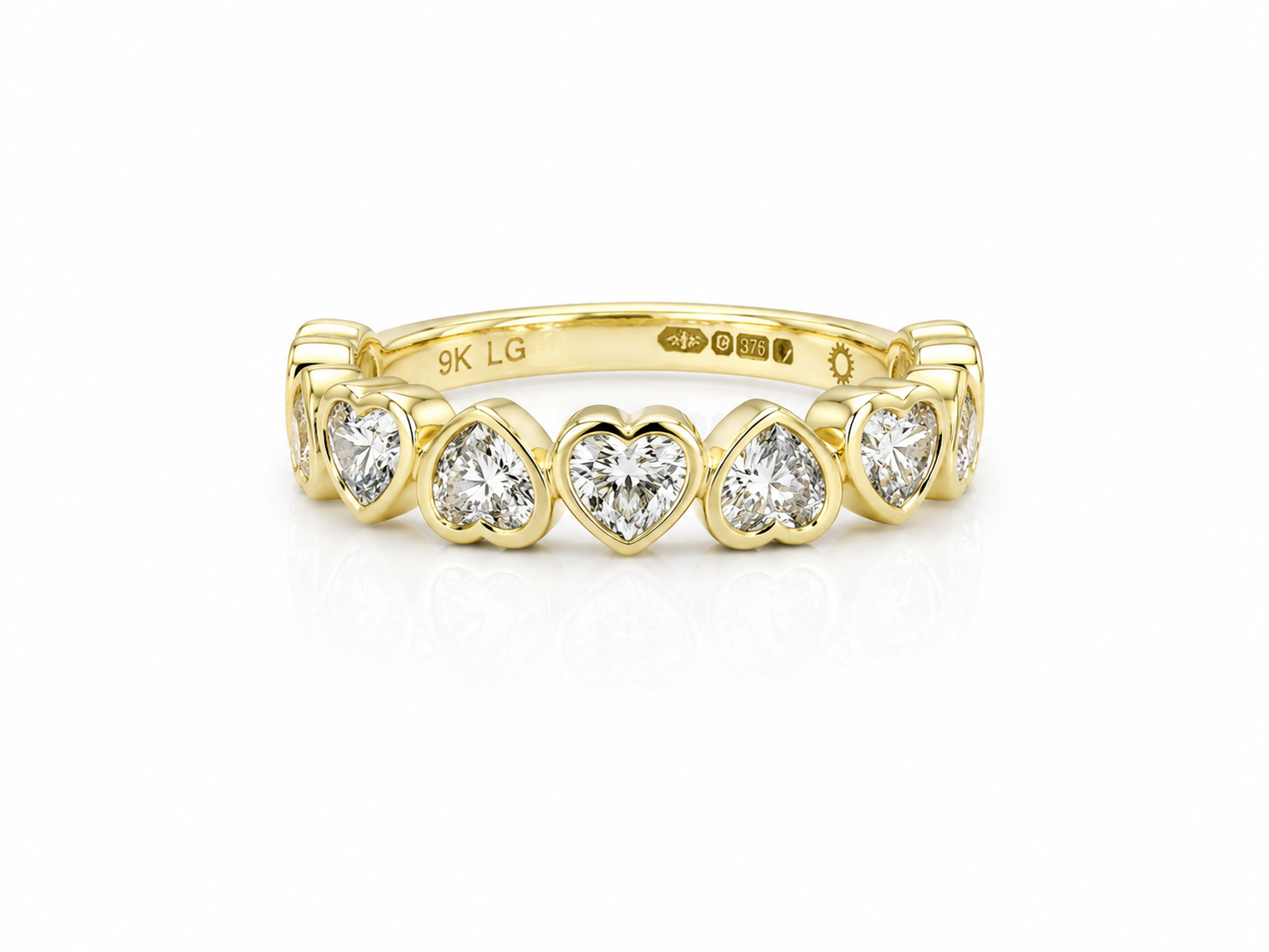 Rubover Heart Cut Diamond Half Eternity Ring In 9ct Yellow Gold