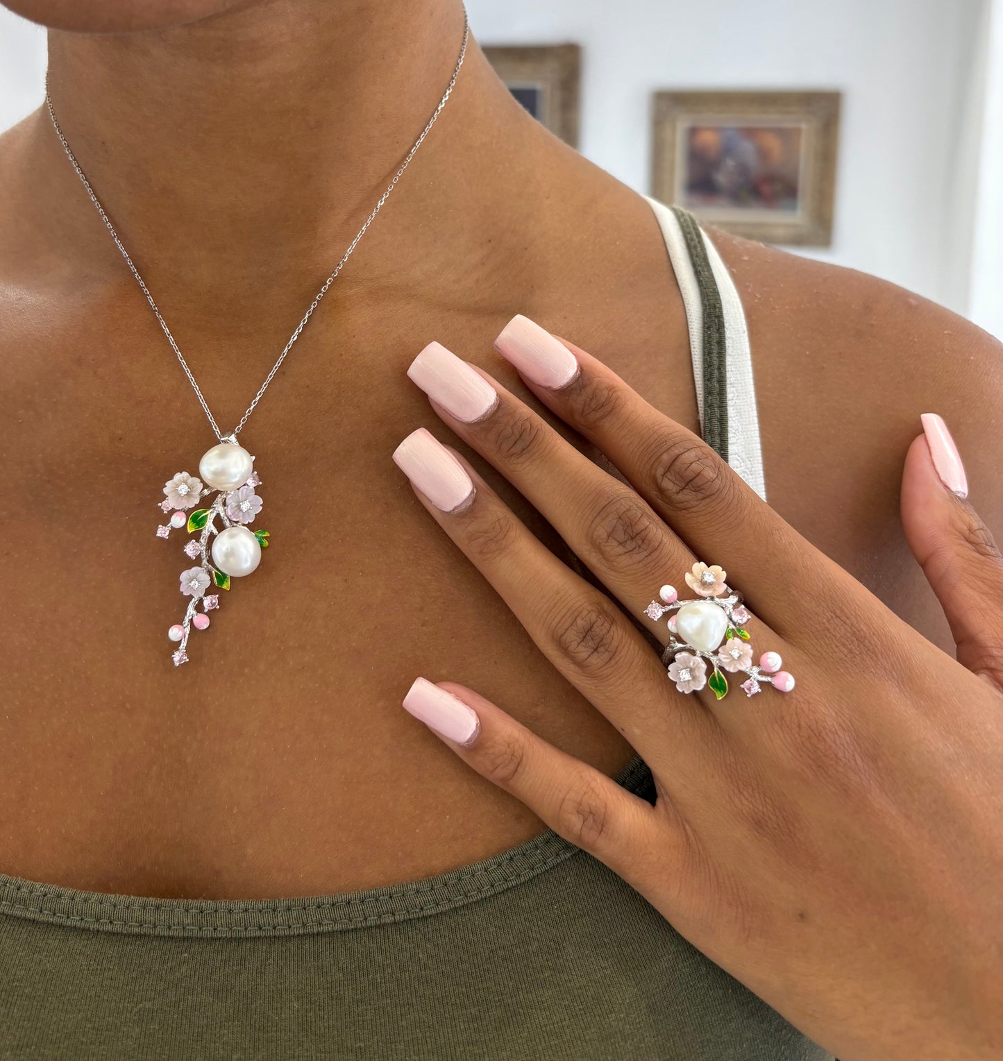 925 Silver Pearl and pink flower bouquet set (Ring, Necklace, Clip earrings)