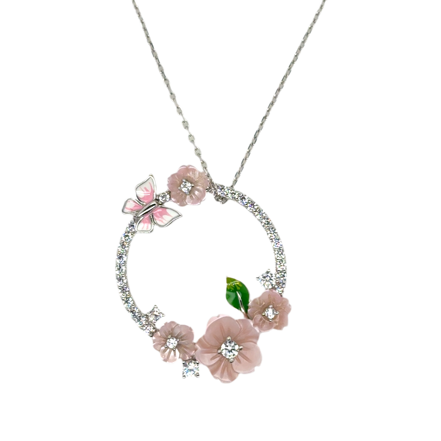 925 Silver pink flower and butterfly set (Necklace,Ring, Earrings)