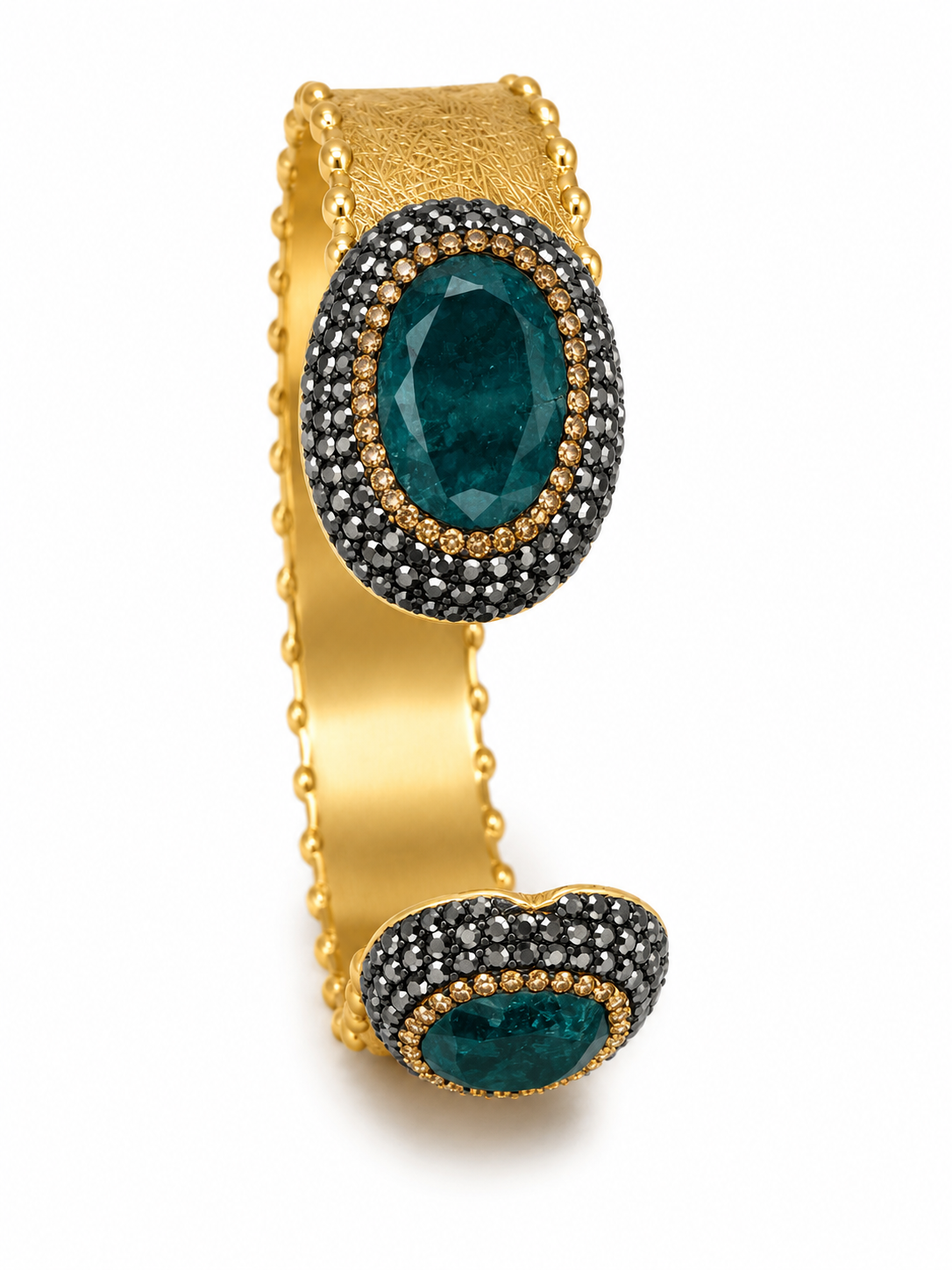 18ct yellow gold plated bangle with green agate and black czs
