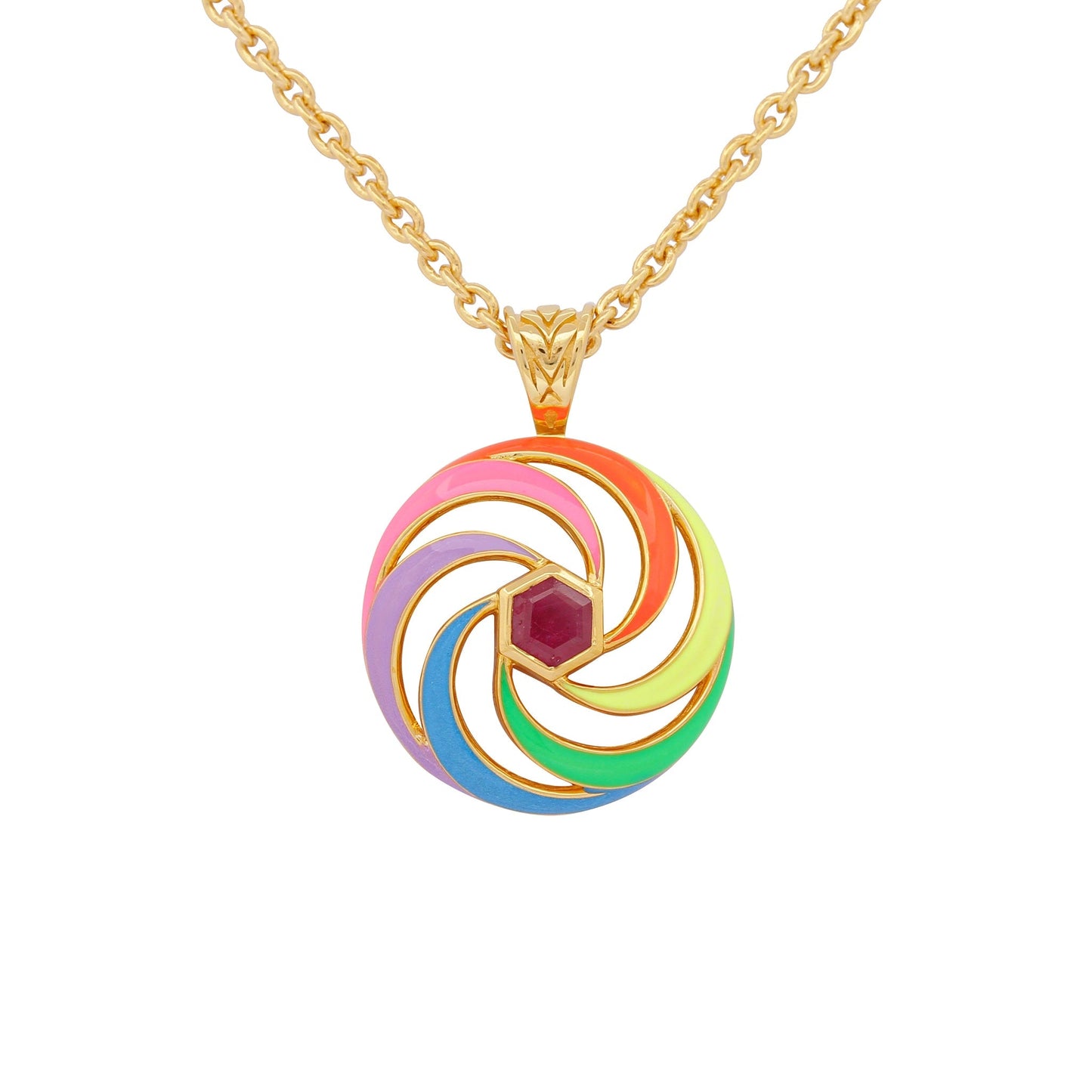 Spinning Firework Necklace 22ct Vermeil with Ruby Centre 32 inch long