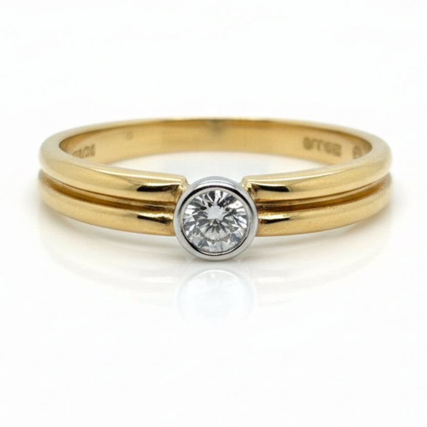 Natural Round Brilliant Cut Bezel Set Rubover Ring 18ct Yellow and White gold