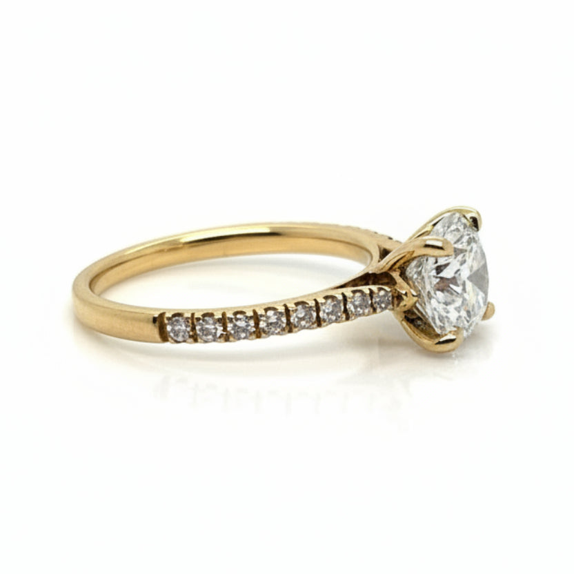 Lab Grown Round Brilliant Solitaire Ring with Diamond Set Shoulders in 18ct Yellow Gold