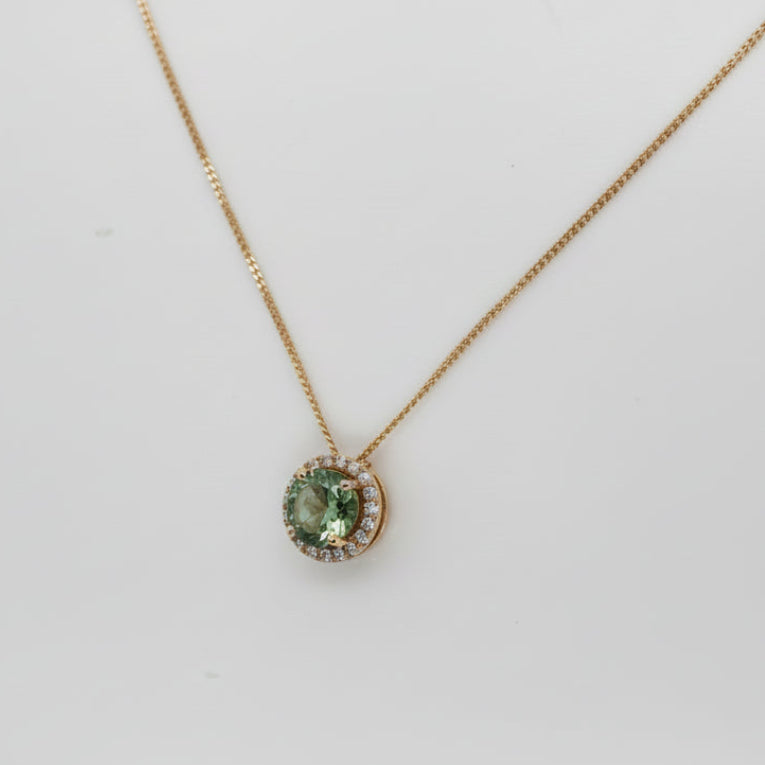 Green Tourmaline, 18ct Gold Round Brilliant Cut Diamond Halo Pendant