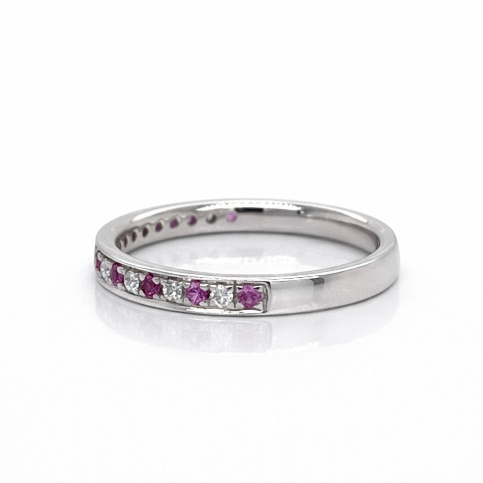 Diamond and Pink Sapphire Grain Set Eternity Ring In White Gold