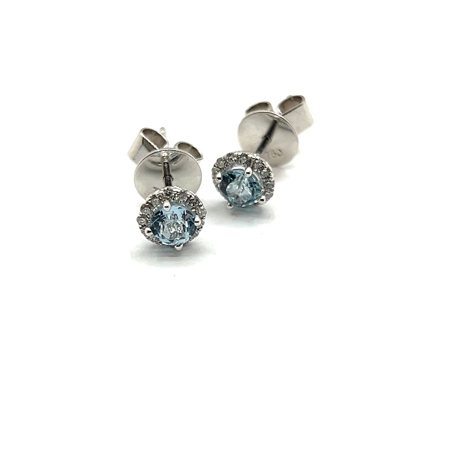 18ct White Gold, Round Brilliant Earrings 0.20ct Aquamarine with Diamond Halo