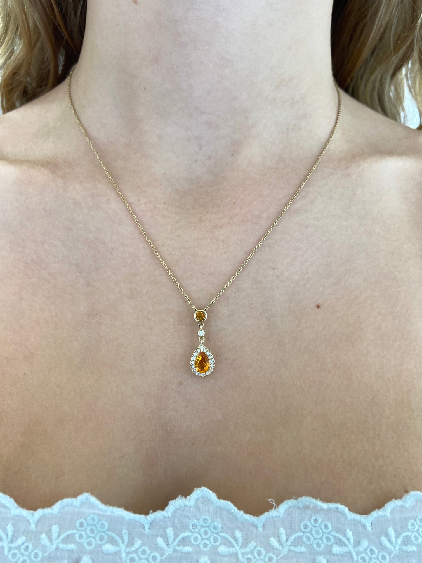 9ct Yellow Gold Diamond and Citrine Pear Cut Drop Pendant on Rolo Chain