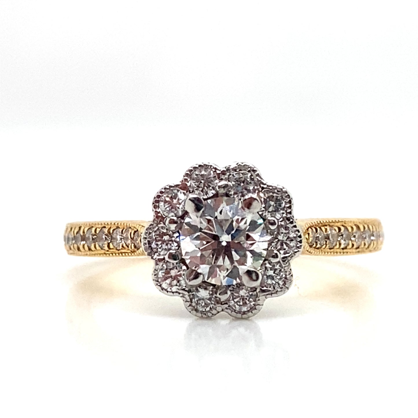 Round Brilliant Diamond Halo Scallop Set, 18ct Gold Engagement Ring