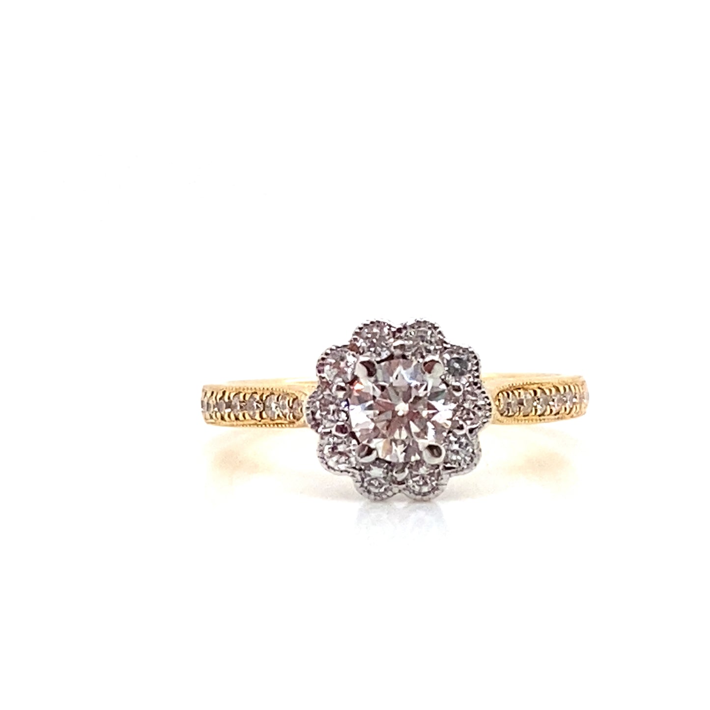 Round Brilliant Diamond Halo Scallop Set, 18ct Gold Engagement Ring