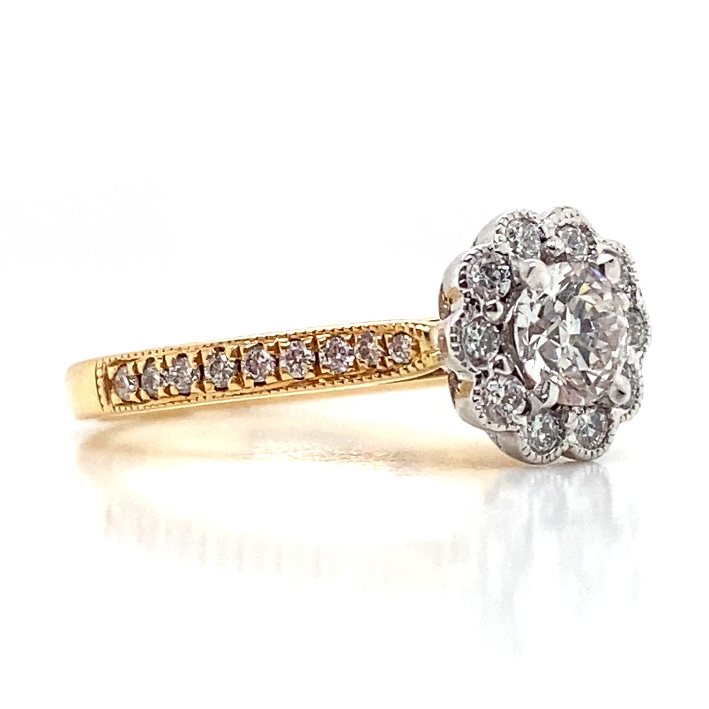 Round Brilliant Diamond Halo Scallop Set, 18ct Gold Engagement Ring