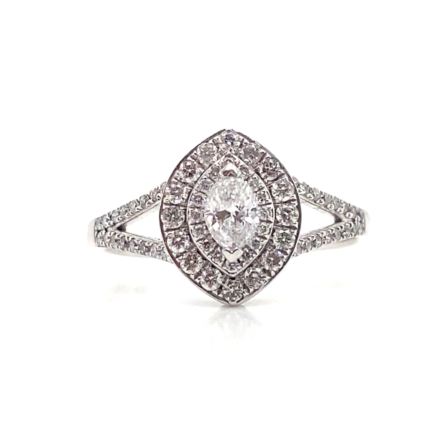 18ct White Gold Marquise Cut Diamond Split Shank Halo Ring