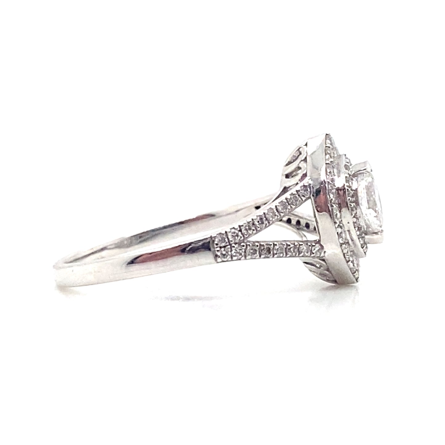 18ct White Gold Marquise Cut Diamond Split Shank Halo Ring
