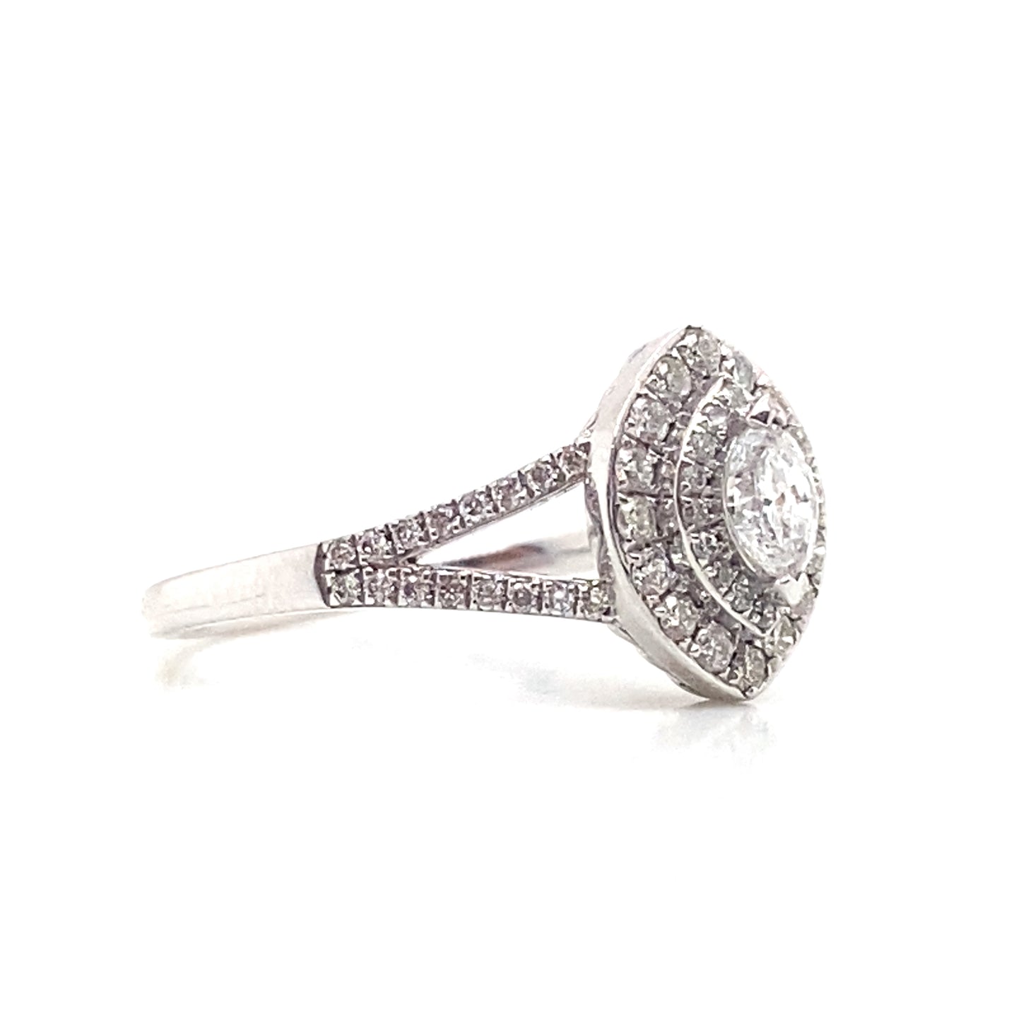 18ct White Gold Marquise Cut Diamond Split Shank Halo Ring
